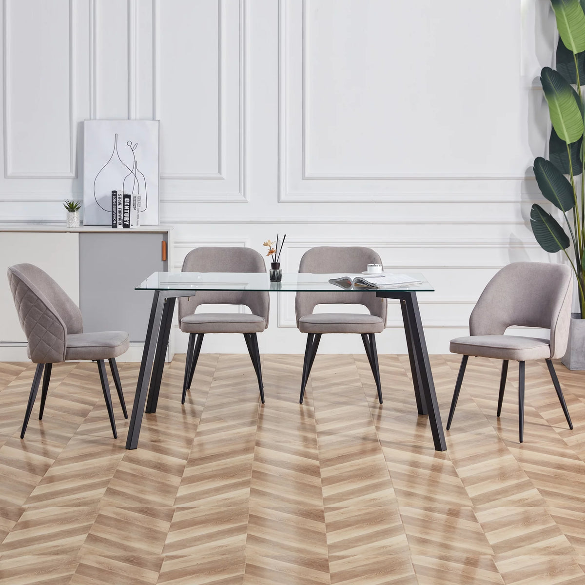 Rectangular Glass Dining Table for 4-6 with Tempered Glass Tabletop and Black Metal Legs S20750