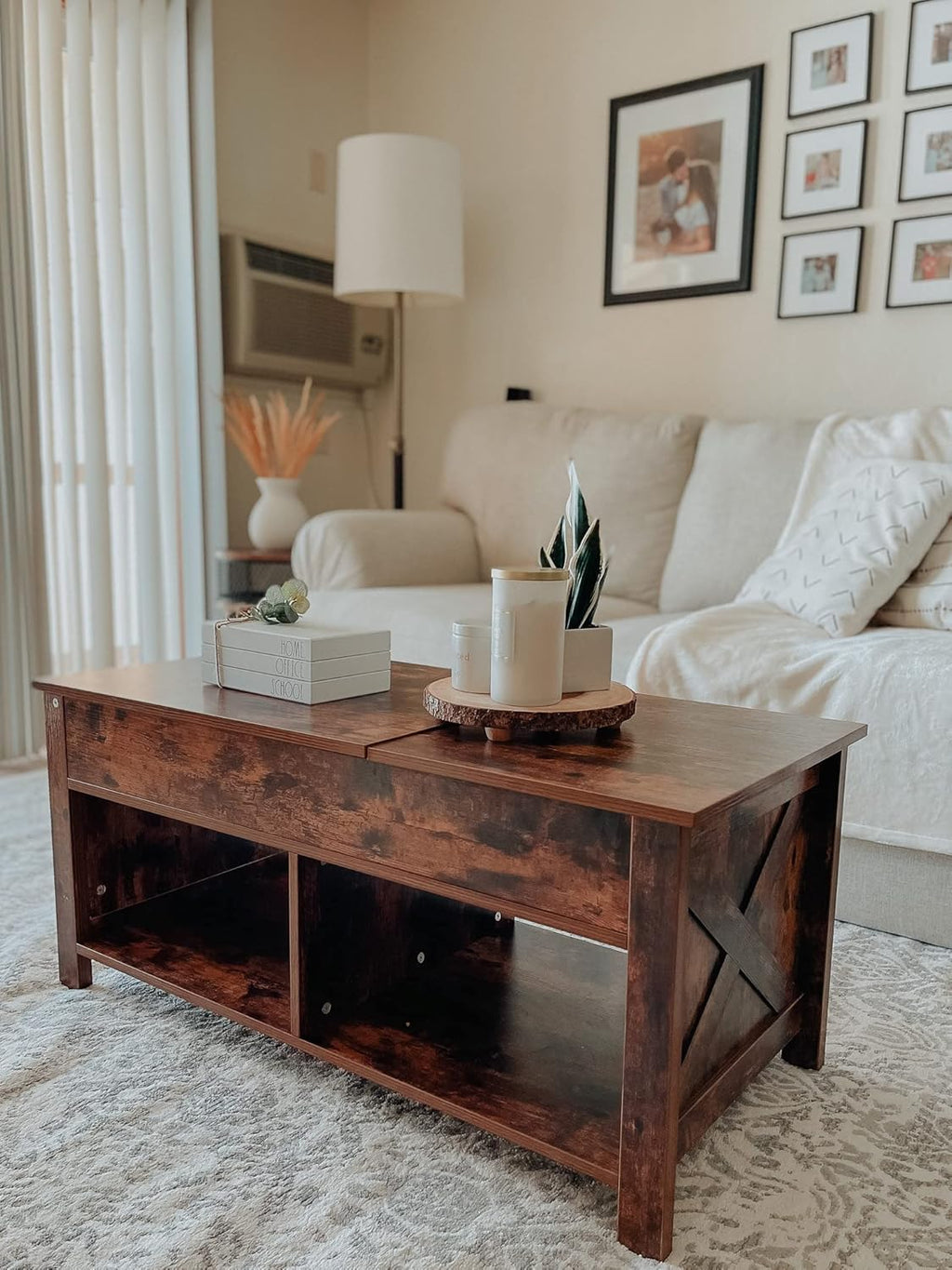 Lift Top Coffee Table with Storage, Solid Wood, Brown E437