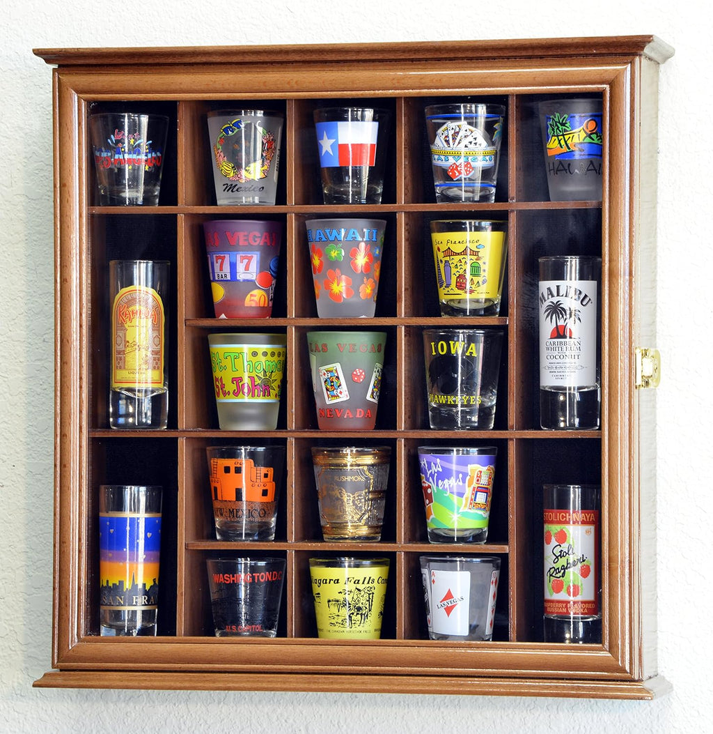 Walnut Lockable Wall Rack Display Case for 21 Shot Glasses U4677
