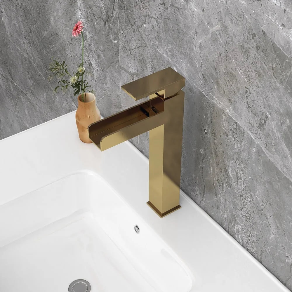 Brushed Gold Single Handle Waterfall Bathroom Vessel Sink Faucet Z97469