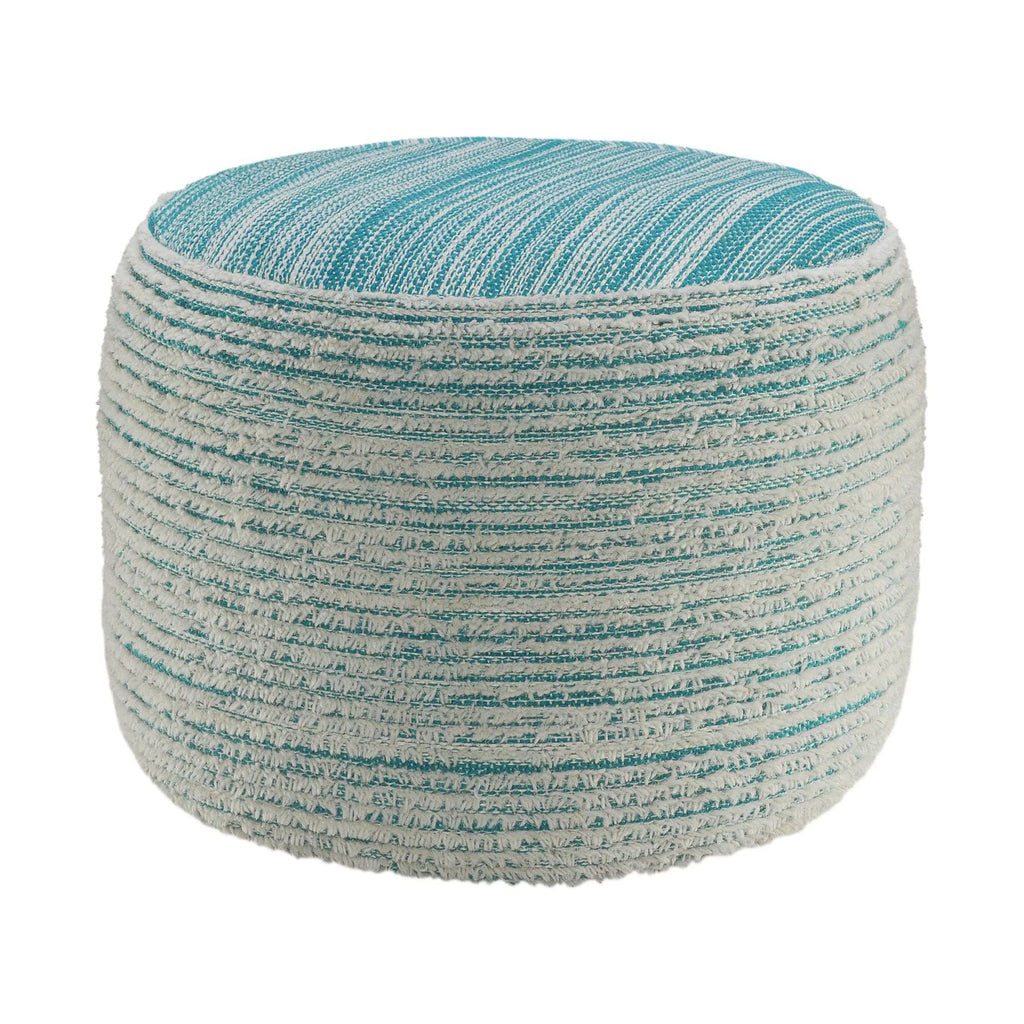 Aqua Blue and White Distressed Round Pouf Ottoman D812781