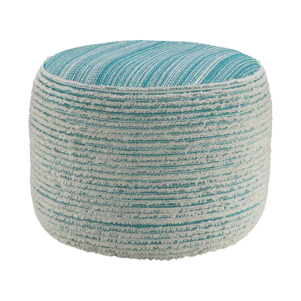 Aqua Blue and White Distressed Round Pouf Ottoman D812781