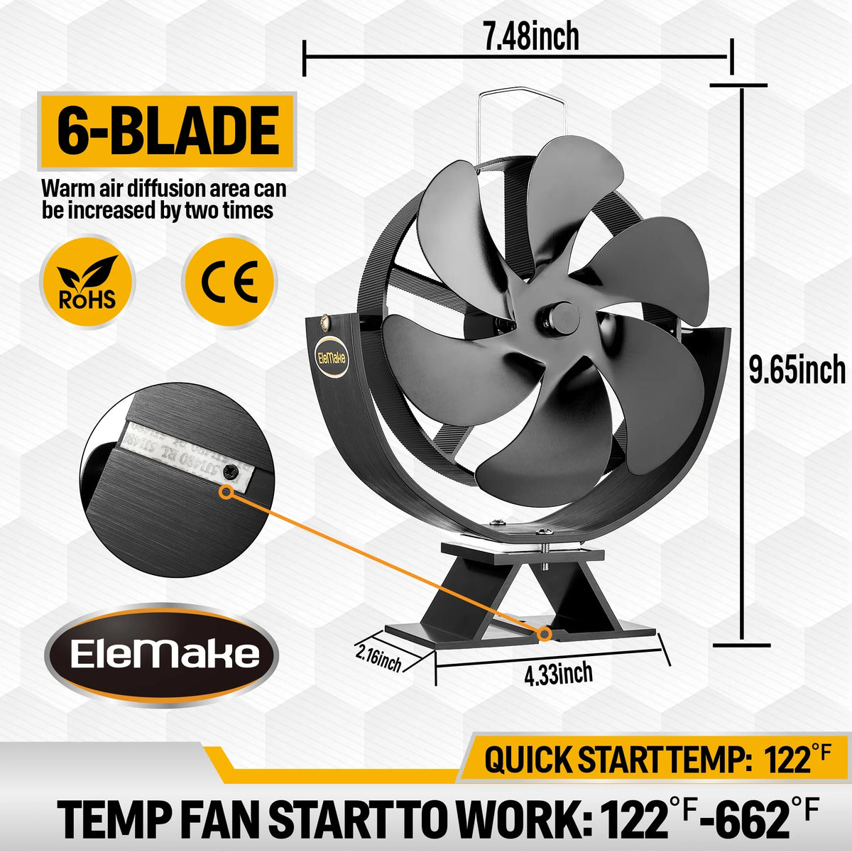 6-Blade Heat Powered Fireplace Fan R946