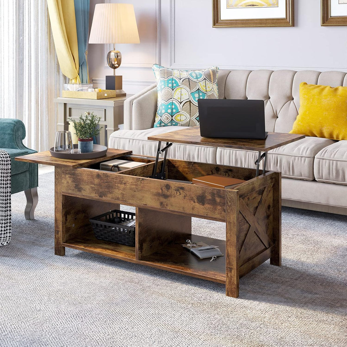 Lift Top Coffee Table with Storage, Solid Wood, Brown E437