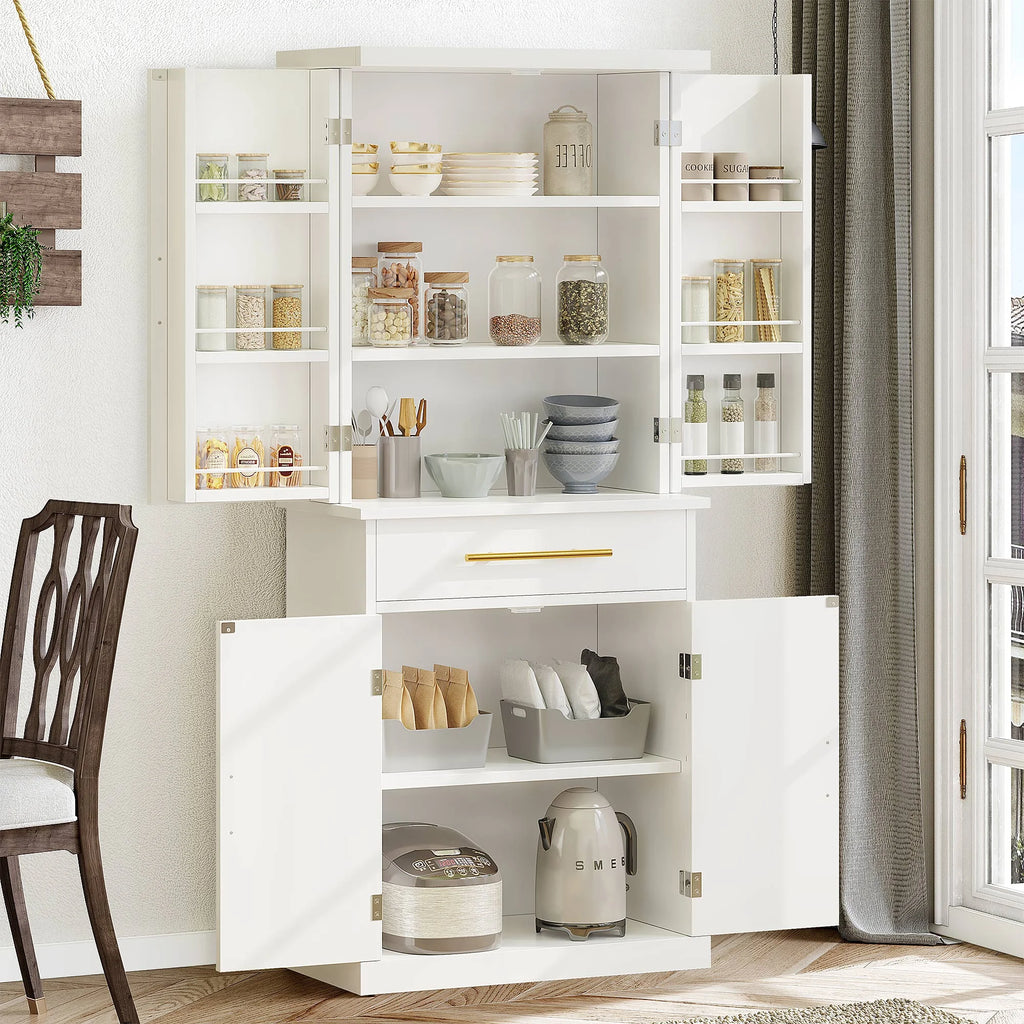 White 4 Door Freestanding Kitchen Pantry Storage Cabinet with Drawer and Adjustable Shelf V972438