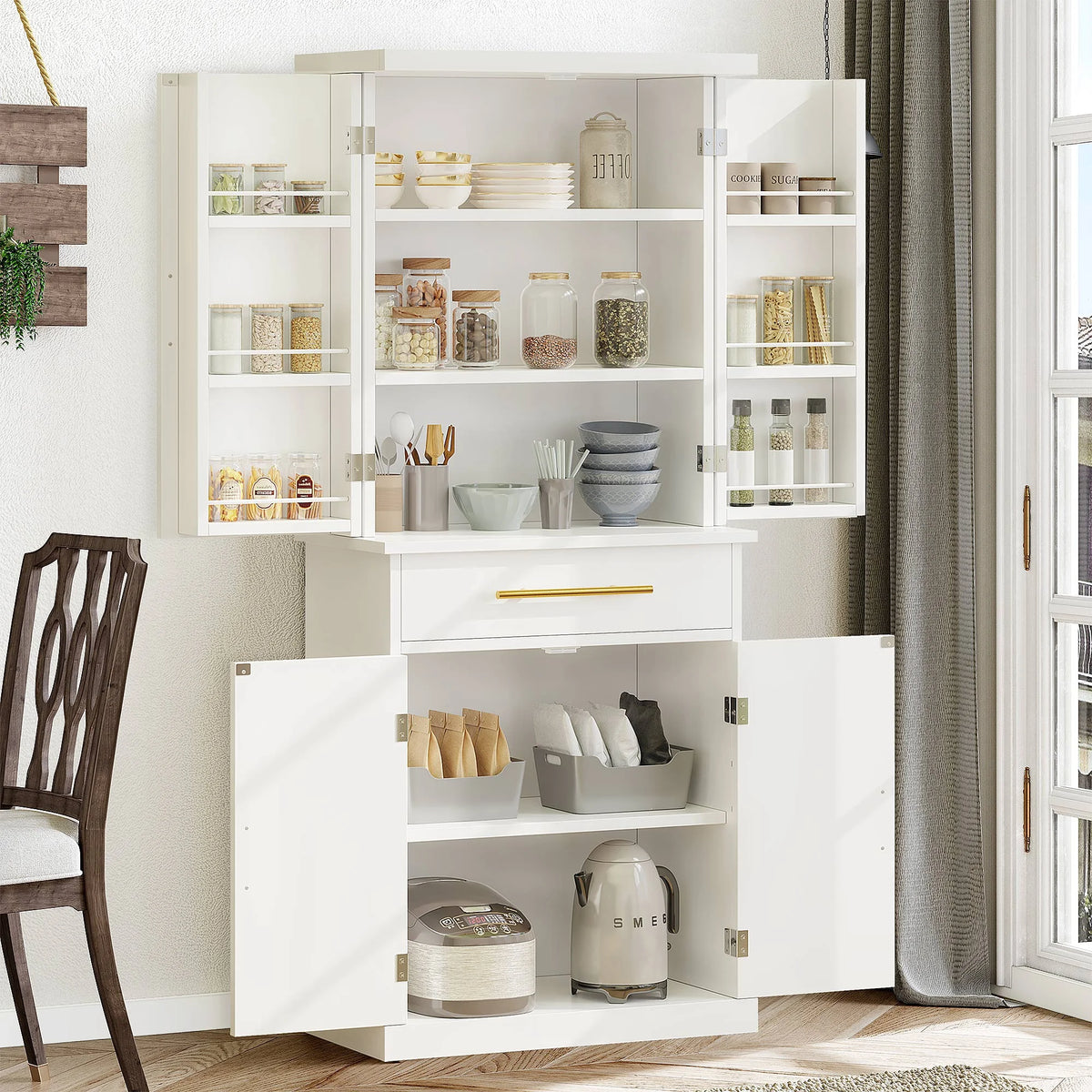 White 4 Door Freestanding Kitchen Pantry Storage Cabinet with Drawer and Adjustable Shelf V972438