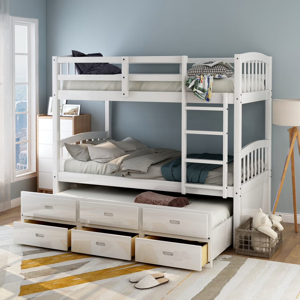 Twin Over Twin Wood Bunk Bed with Trundle and Drawers Y369