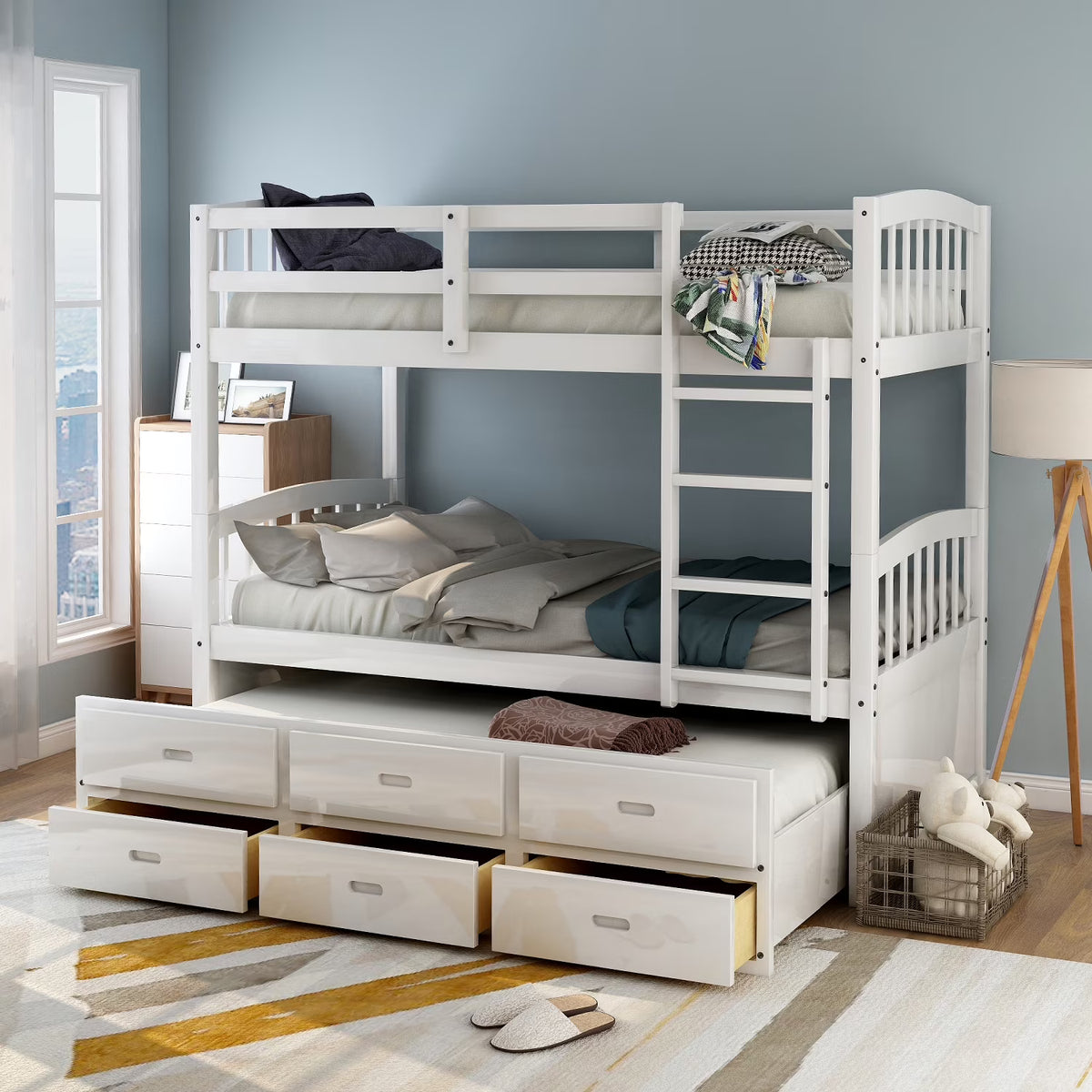 Twin Over Twin Wood Bunk Bed with Trundle and Drawers Y369