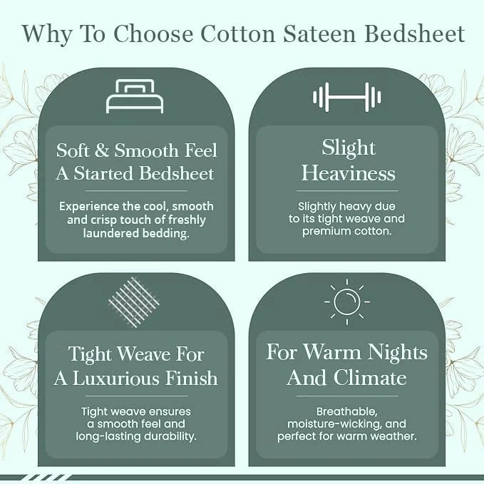Cooling Queen Sheet Set 4-Piece 100% Cotton Sateen 300TC Grey Floral 16" Deep Pocket B696