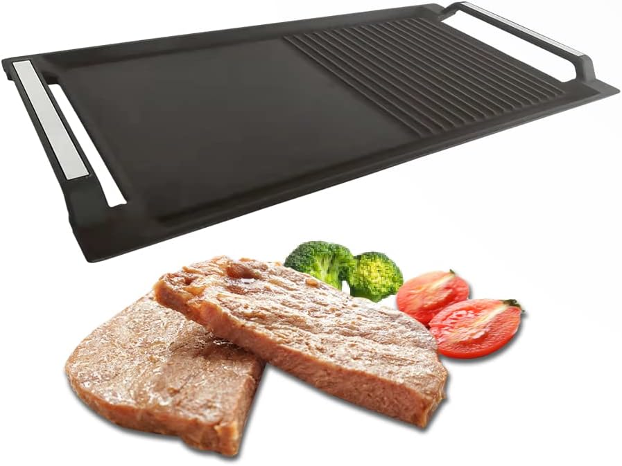 Cast Iron Rectangular Griddle Pan with 2 Handles, Flat and Ridged Surface, 16.7 x 9.1inch F243986