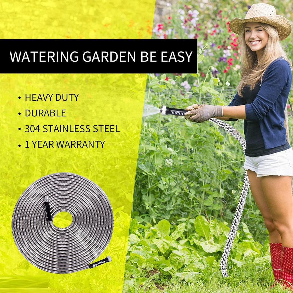 Metal Garden Hose 100 Ft Flexible Stainless Steel Water Hose with High Pressure Nozzle, Pack of 2 E187858