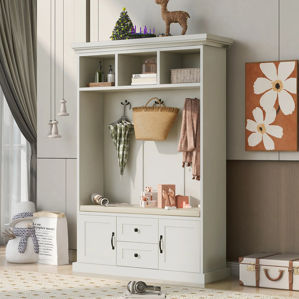 Beige Hall Tree with Upholstered Bench and Coat Rack N805561