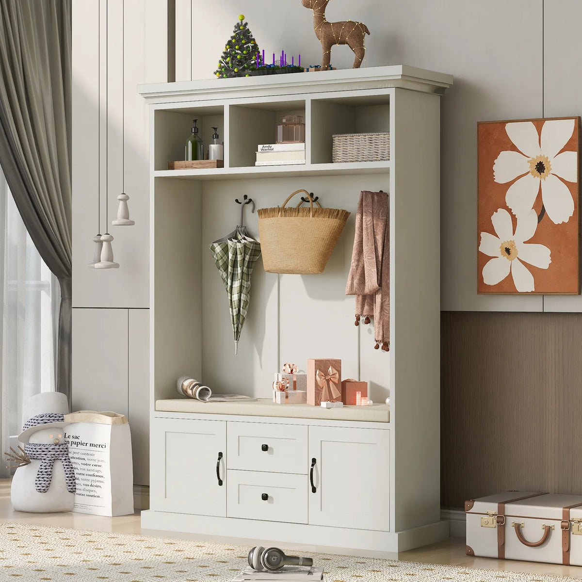 Beige Hall Tree with Upholstered Bench and Coat Rack N805561