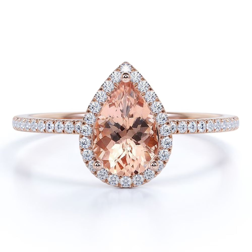 Pear Cut Peach Pink Morganite Halo Engagement Ring in 18k Rose Gold over Silver K8016