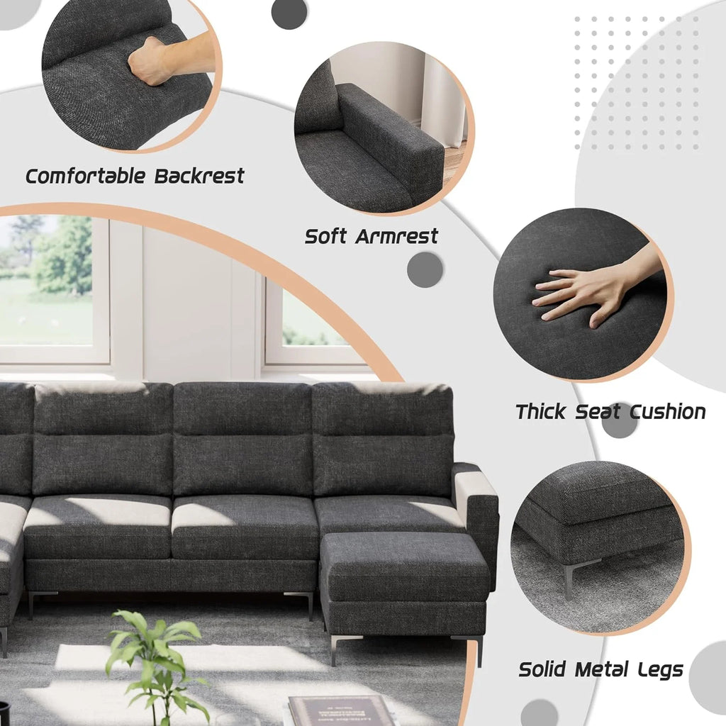 Modular U Shaped Fabric Sectional Sofa with Ottoman, 4 Seater, Metal Legs, Dark Grey E840