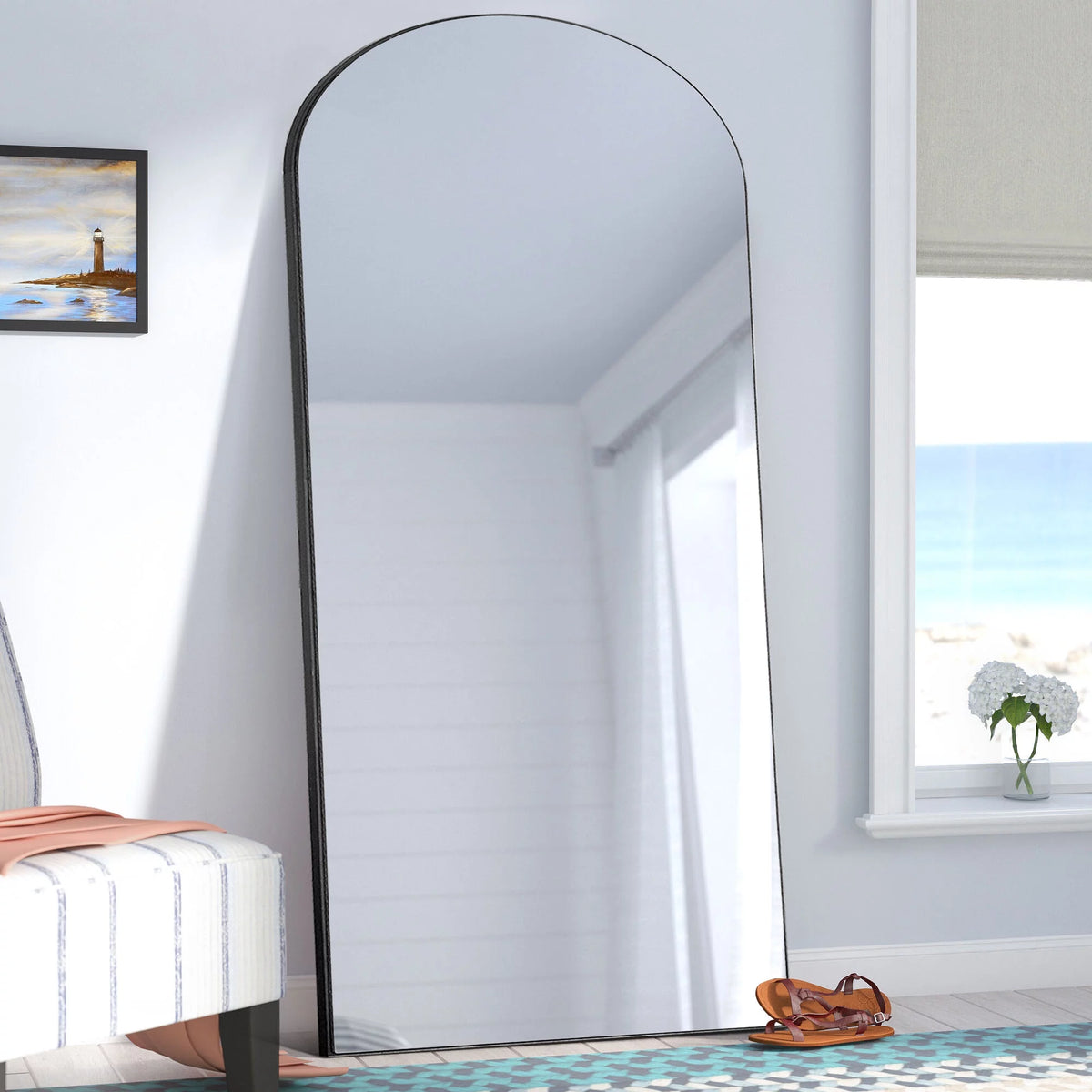 71"x31" Arched Full Length Floor Mirror with Stand Black Y1540