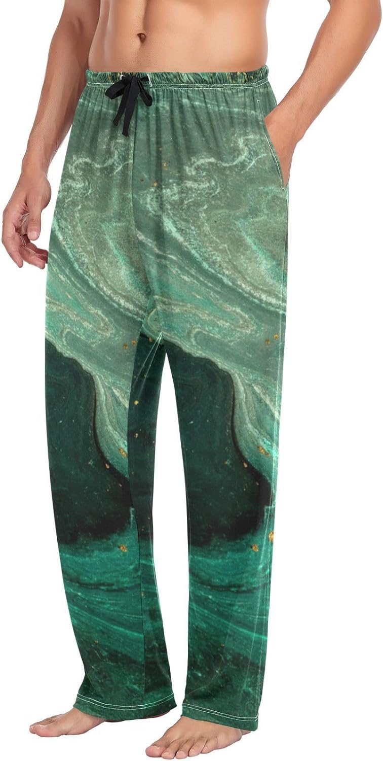 Teal Green Gold Marble Cotton Pajama Pants Y424556