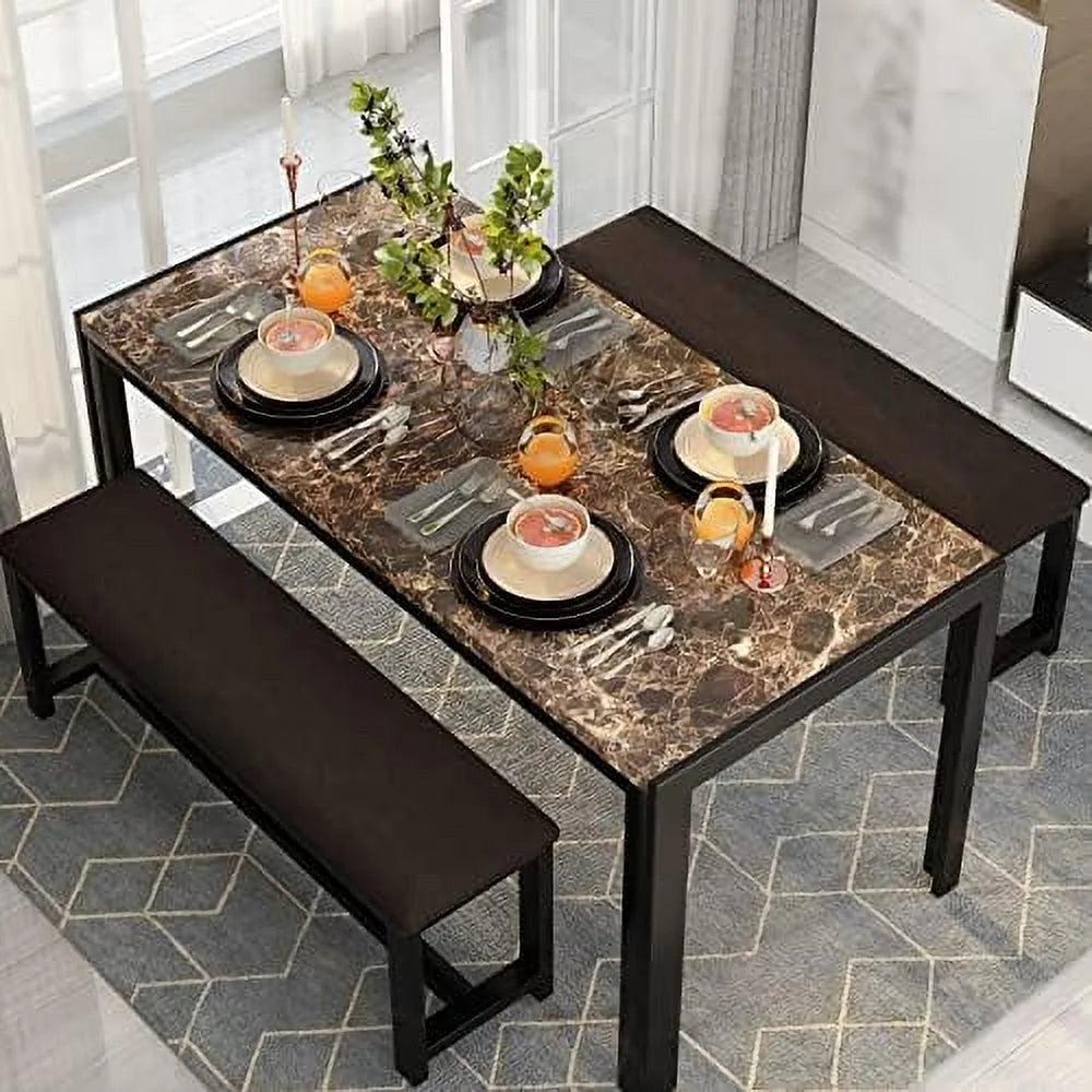 Dining Table Set for 4 with 2 PU Leather Upholstered Benches D71489