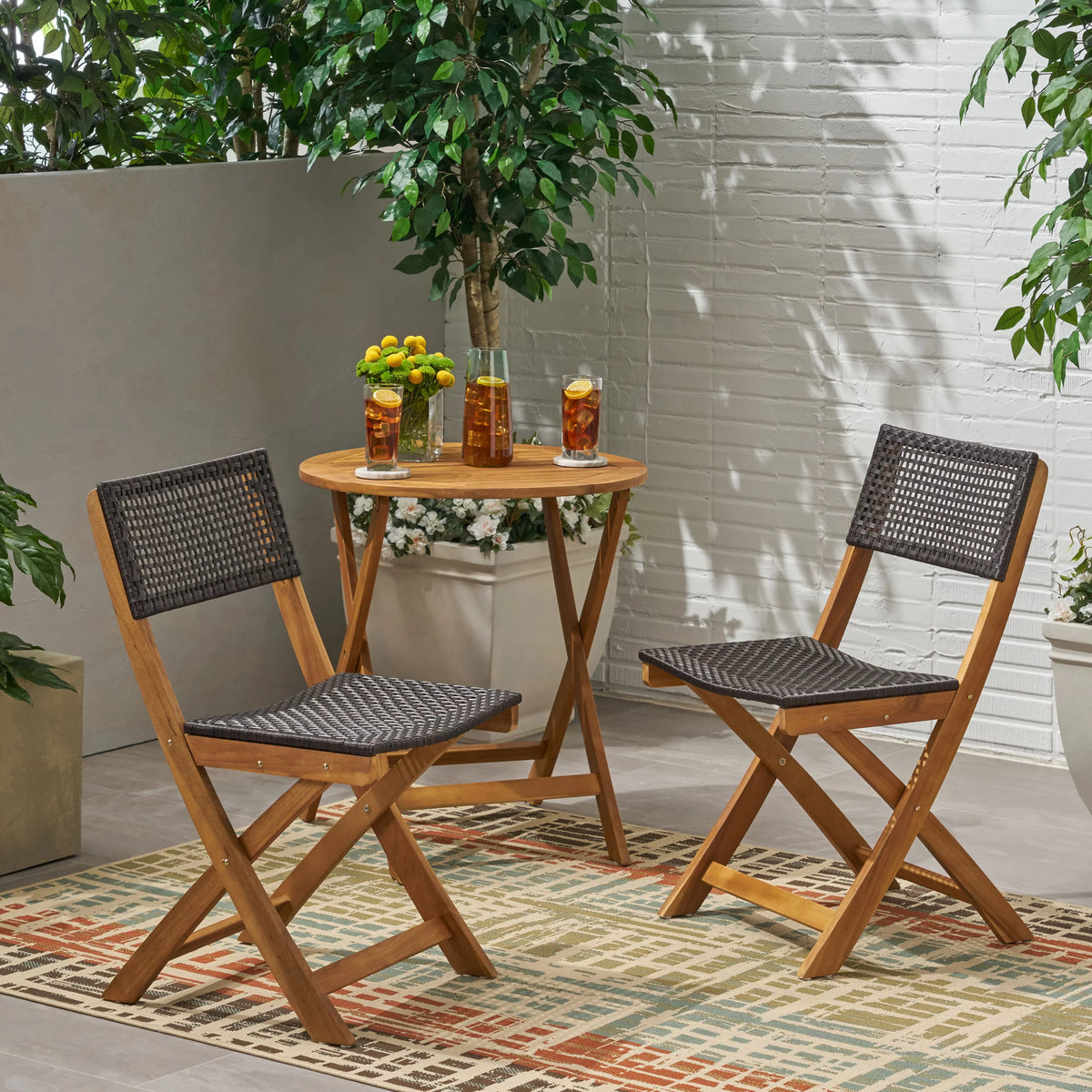 Acacia Wood Foldable Bistro Chairs with Wicker Seating Set of 2 F317207
