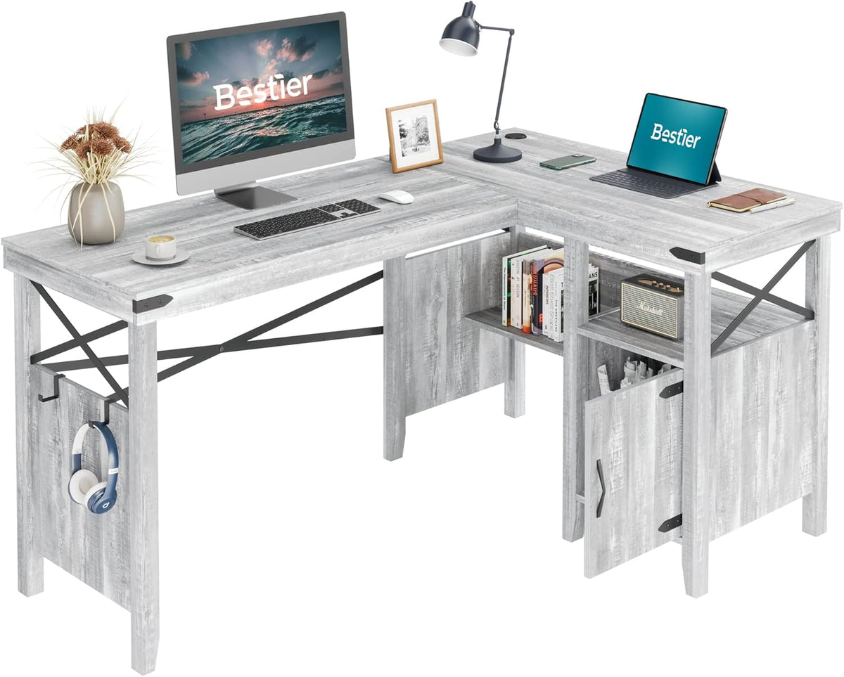 Gray Farmhouse Computer Desk with Storage Cabinet and Bookshelf E13037