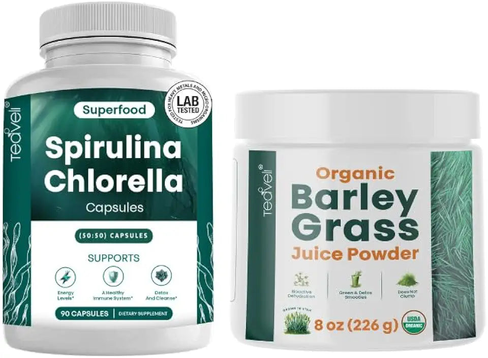 Spirulina and Chlorella Capsules and Barley Grass Juice Powder Bundle V367992