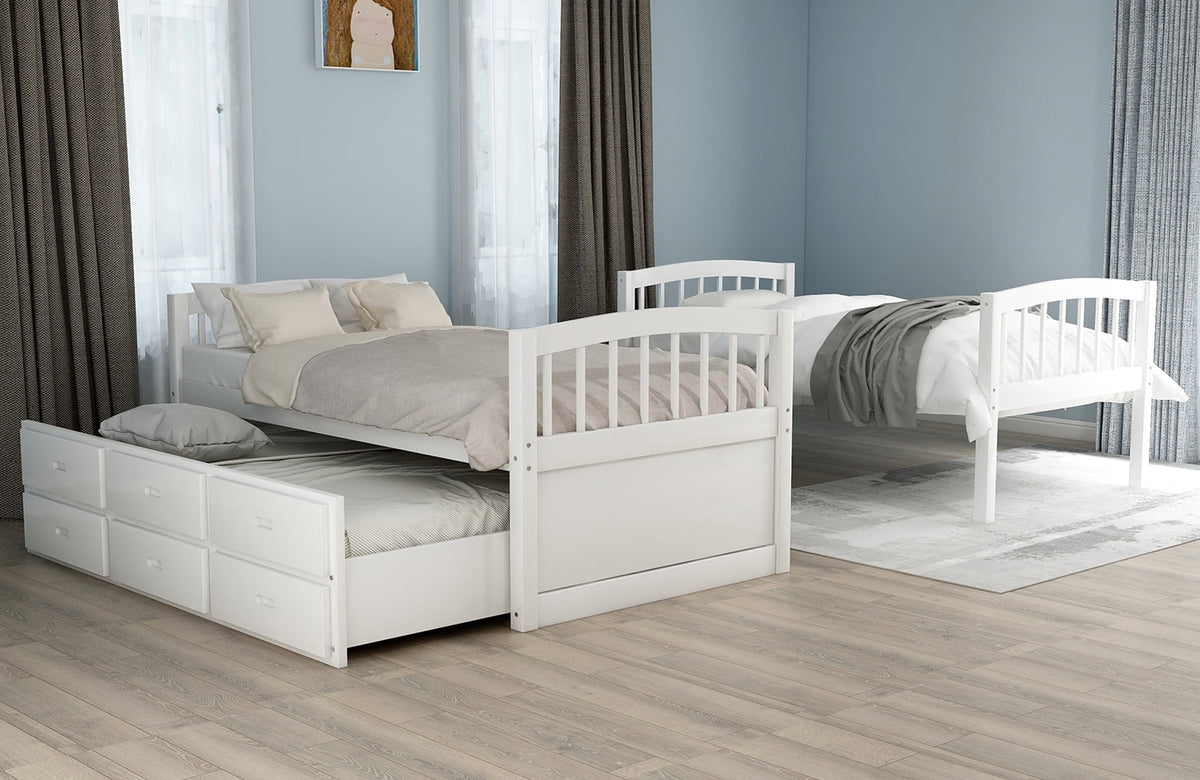 Twin Over Twin Wood Bunk Bed with Trundle and Drawers Y369