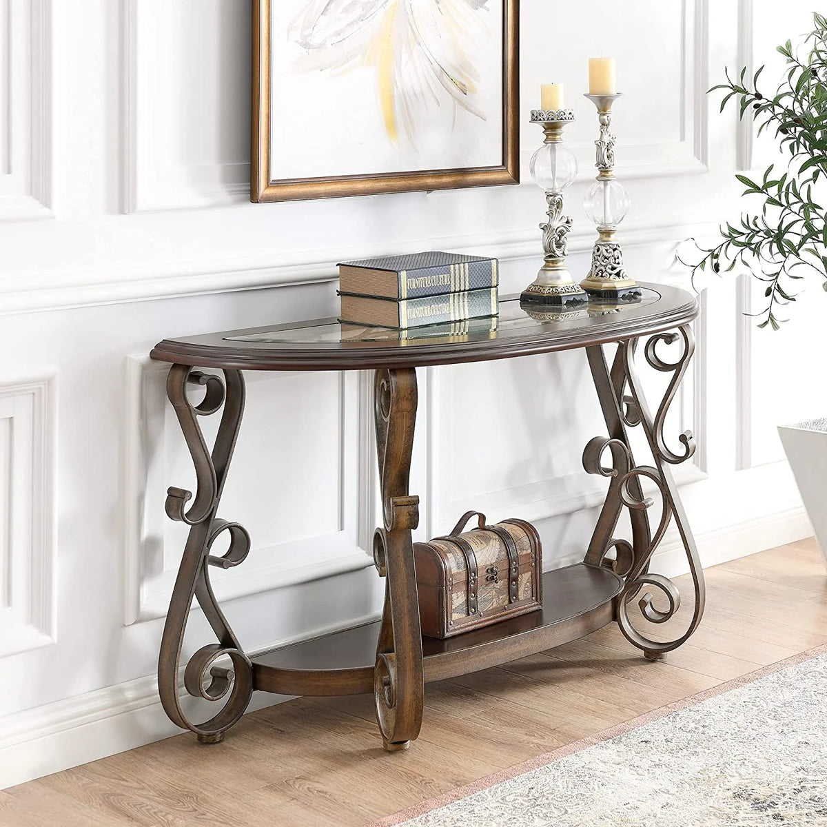 Half Sofa Table with Beveled Glass Top and Scrollwork Metal Legs E139