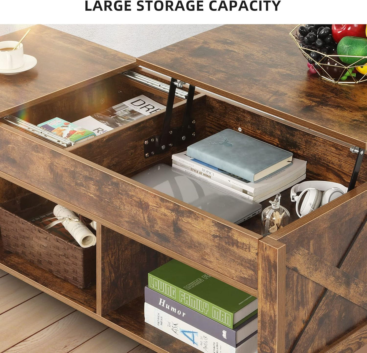 Lift Top Coffee Table with Storage, Solid Wood, Brown E437