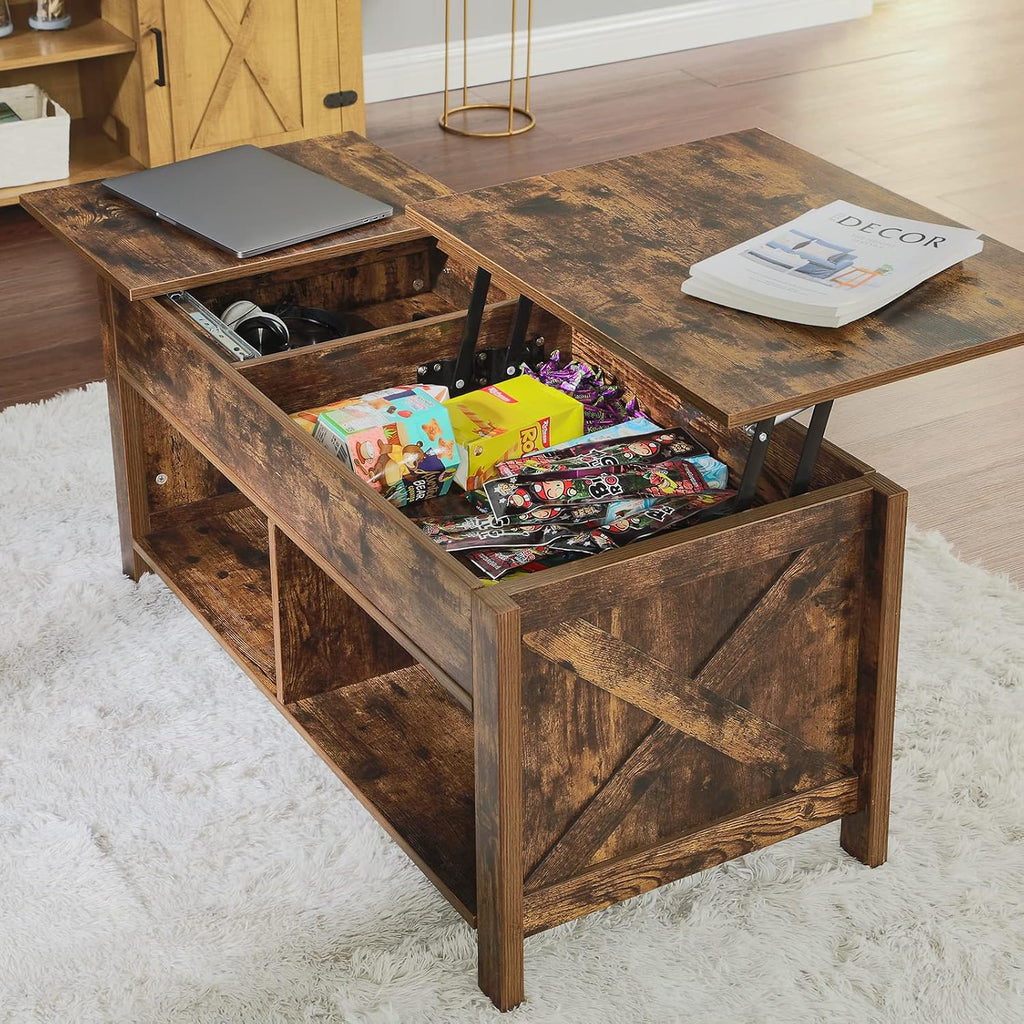 Lift Top Coffee Table with Storage, Solid Wood, Brown E437
