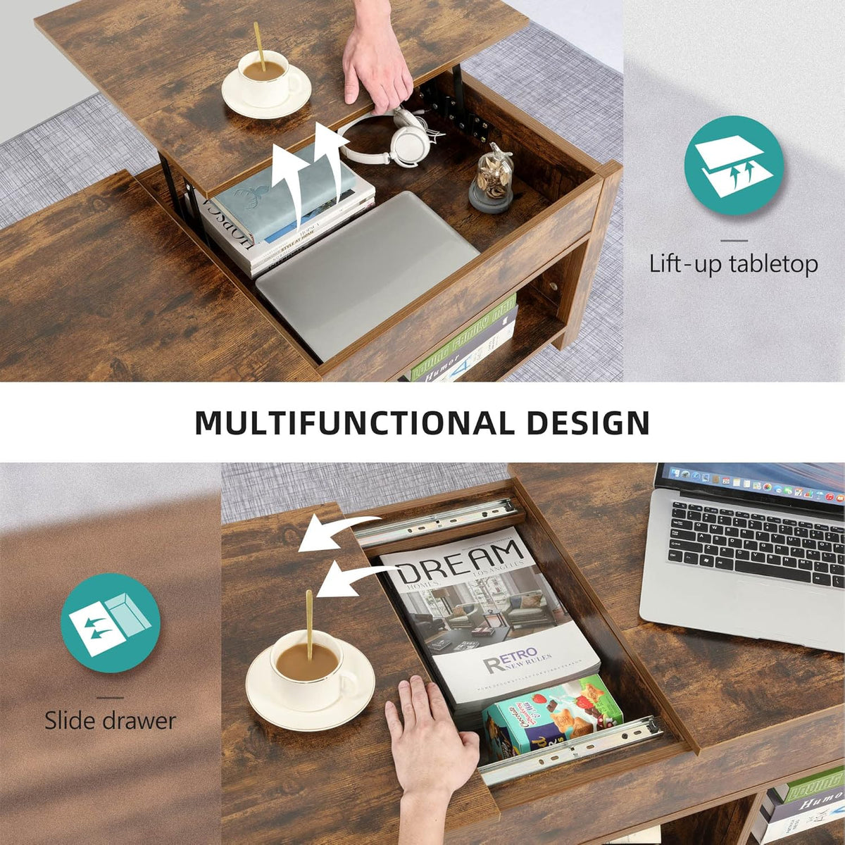 Lift Top Coffee Table with Storage, Solid Wood, Brown E437