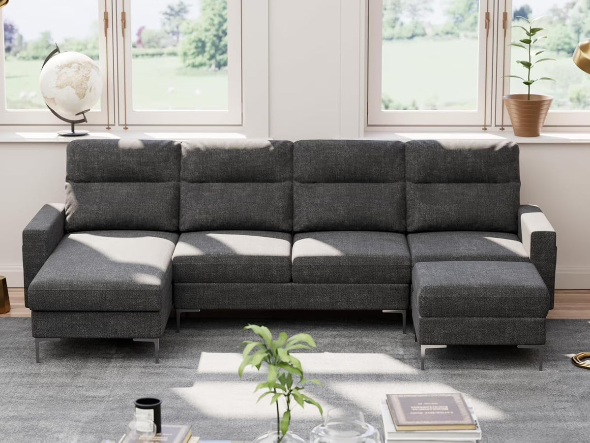 Modular U Shaped Fabric Sectional Sofa with Ottoman, 4 Seater, Metal Legs, Dark Grey E840