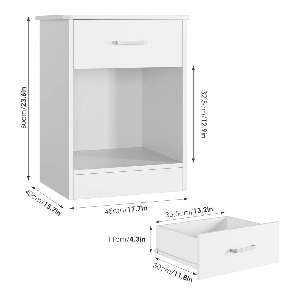 White 2-Tier Nightstand with Drawer and Storage Shelf, Set of 2 U898