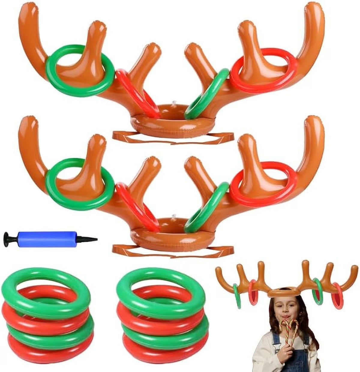 Inflatable Reindeer Antler Hat Ring Toss Game with 2 Antlers, 8 Rings, 1 Inflator H53049