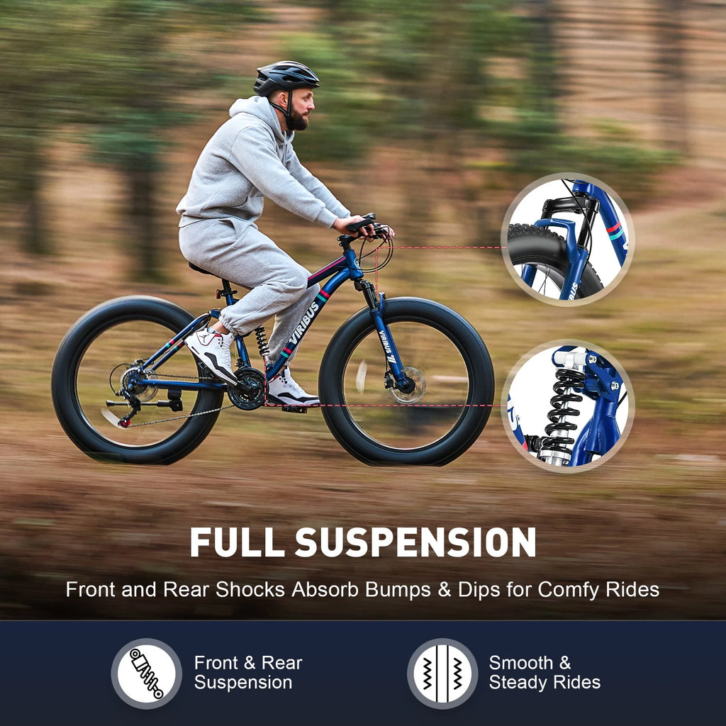 26 Fat Tire Full Suspension Mountain Bike with 21 Speeds Disc Brakes Blue H65337