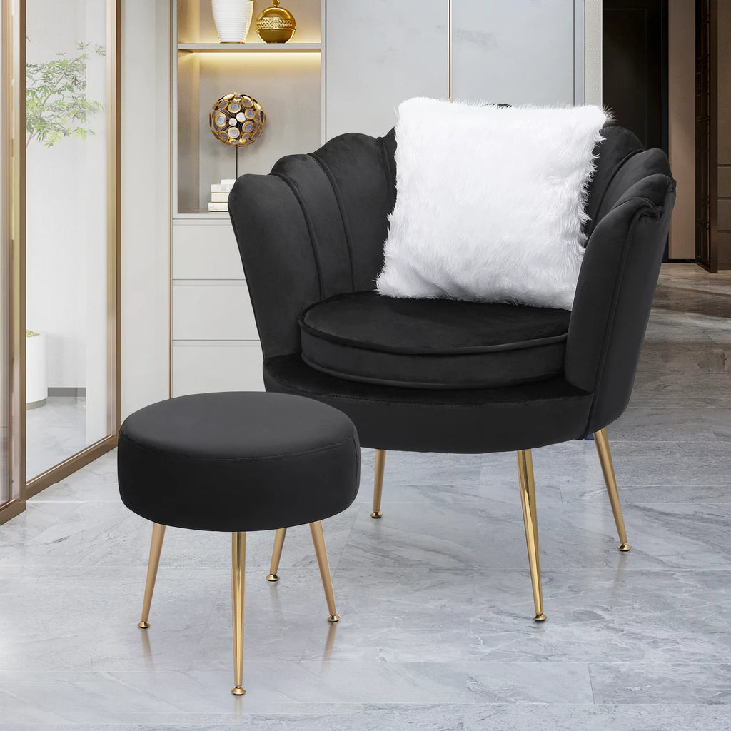 Black Velvet Tufted Accent Chair with Ottoman and Cushion I583405