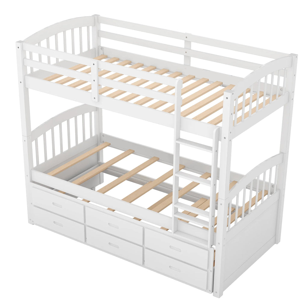 Twin Over Twin Wood Bunk Bed with Trundle and Drawers Y369