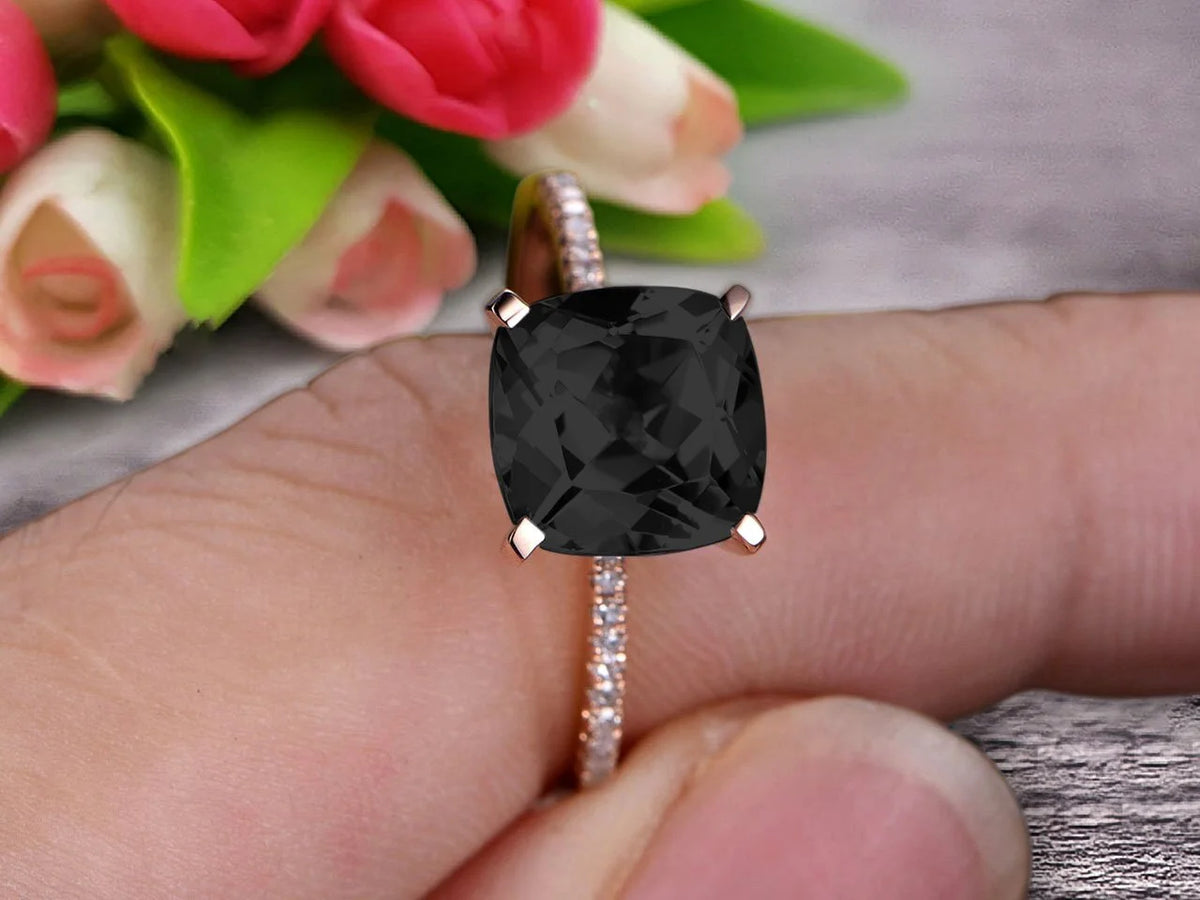 Art Deco Cushion Cut Black Diamond Moissanite Wedding Engagement Ring B3400