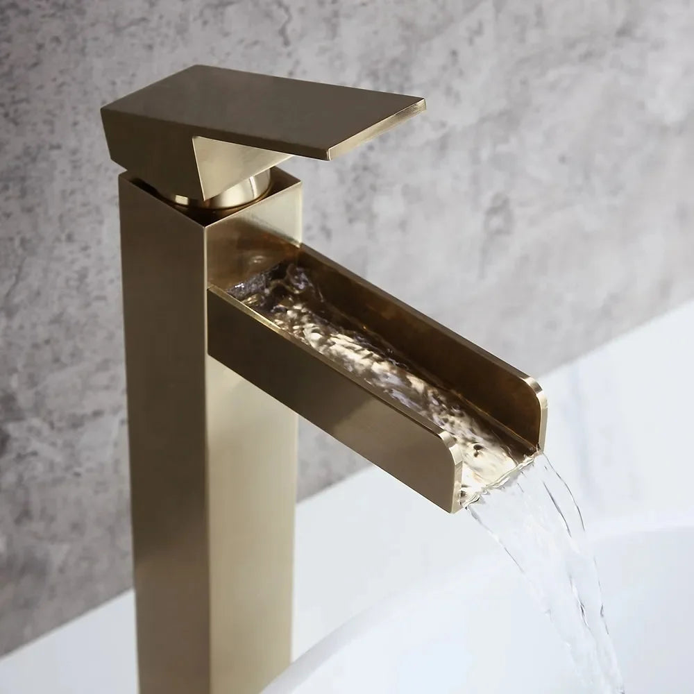 Brushed Gold Single Handle Waterfall Bathroom Vessel Sink Faucet Z97469