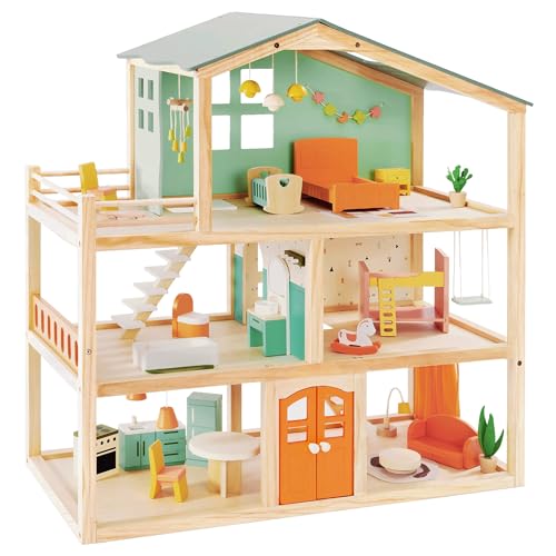 Large Pink Wooden Dollhouse with 15 Pcs Furniture & 3 Dolls H920