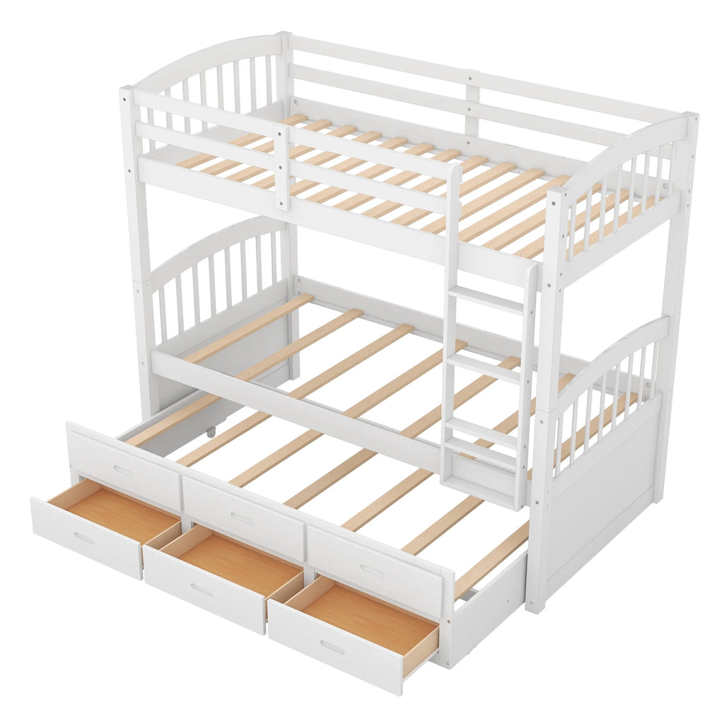 Twin Over Twin Wood Bunk Bed with Trundle and Drawers Y369