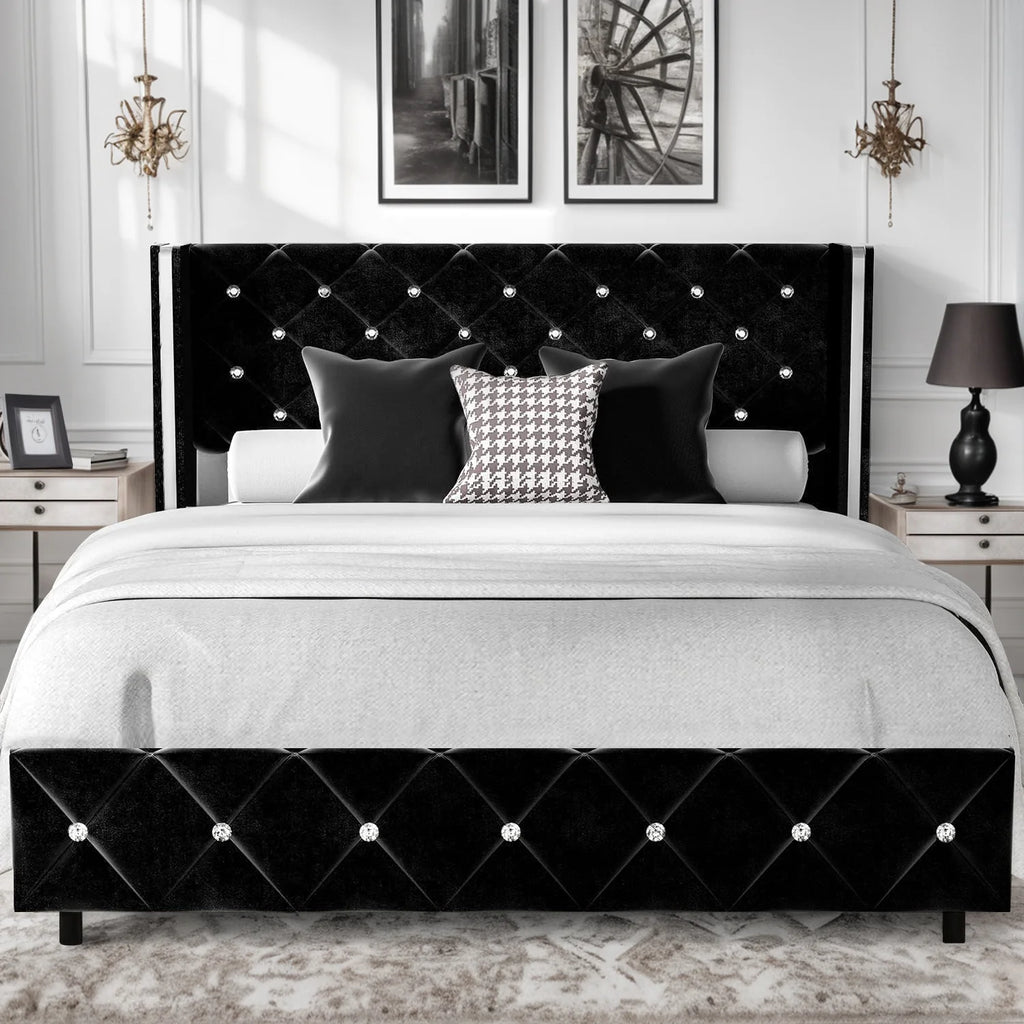 Queen Size Upholstered Platform Bed Frame with Wingback Headboard F430123