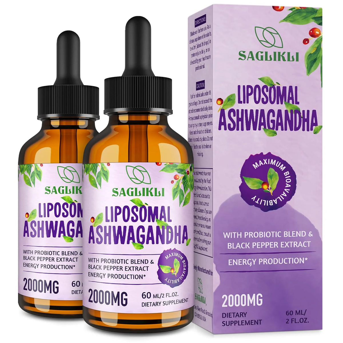 2000mg Ashwagandha Root Extract Liquid Drops with Black Pepper Extract & Probiotics Y81176