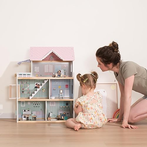 Large Pink Wooden Dollhouse with 15 Pcs Furniture & 3 Dolls H920