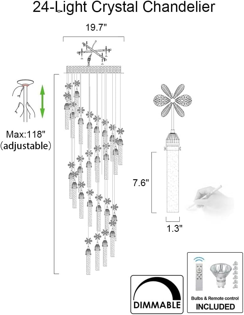 12-Lights Raindrop Spiral Crystal Chandelier with Remote Control Dimmable LED Z82335