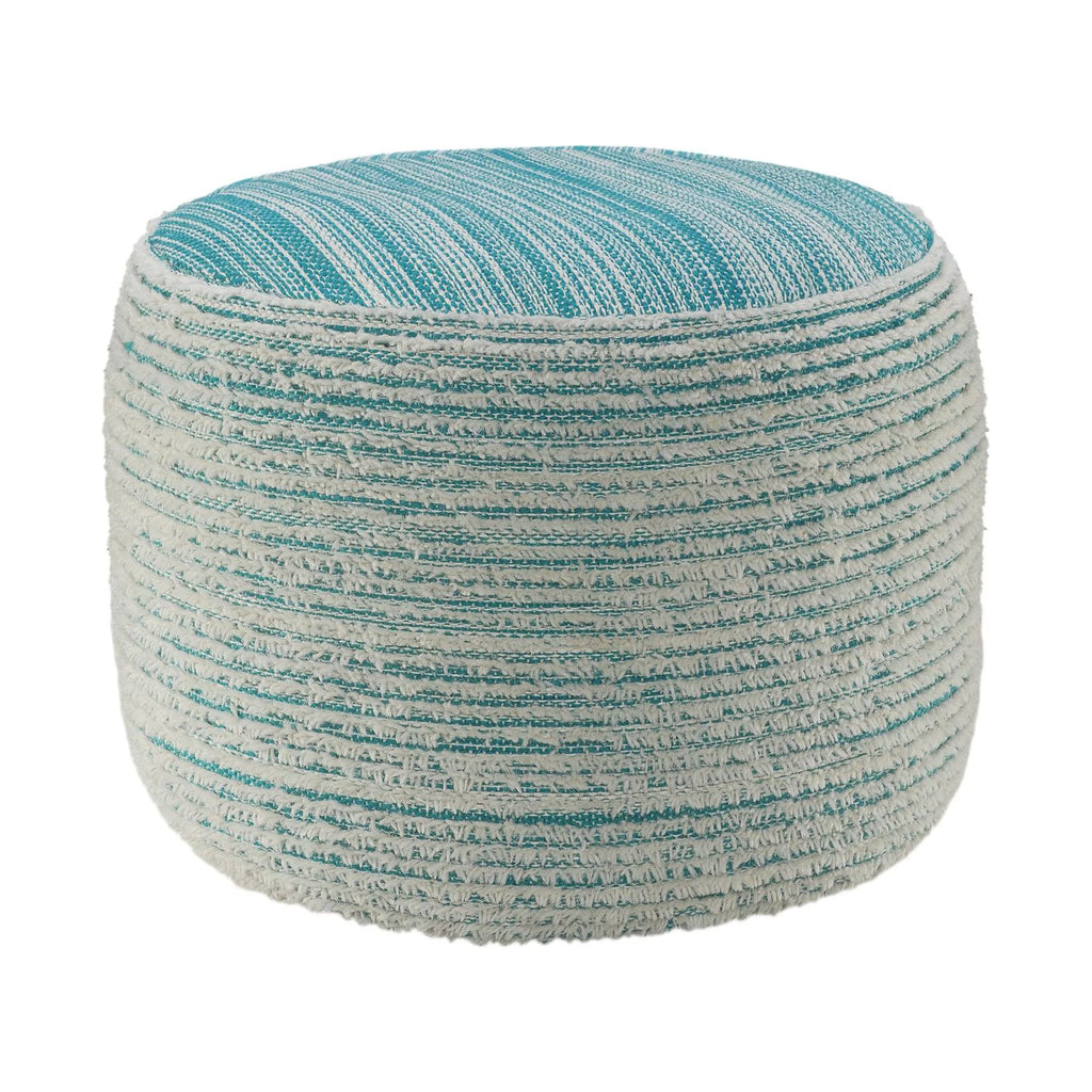 Aqua Blue and White Distressed Round Pouf Ottoman D812781