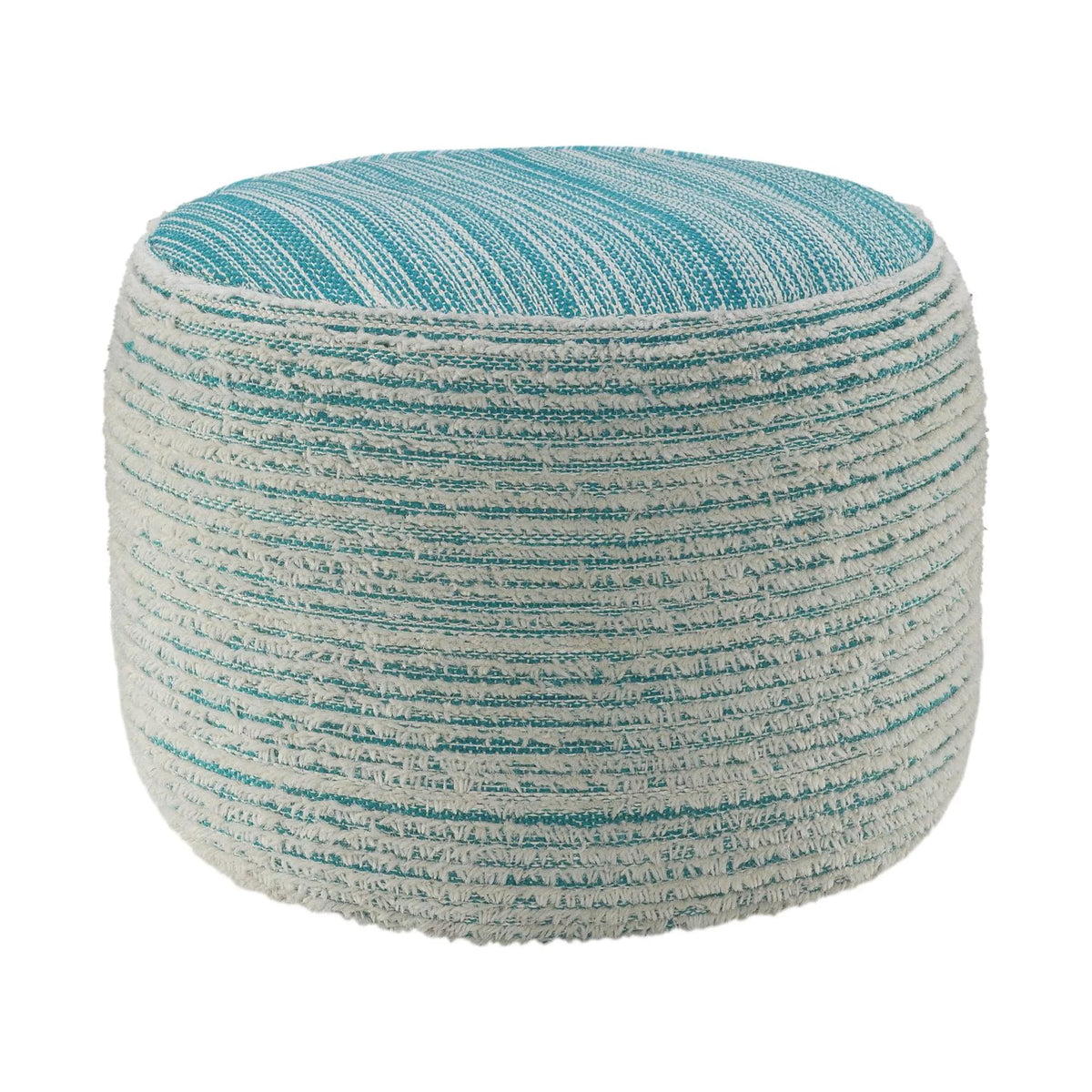 Aqua Blue and White Distressed Round Pouf Ottoman D812781
