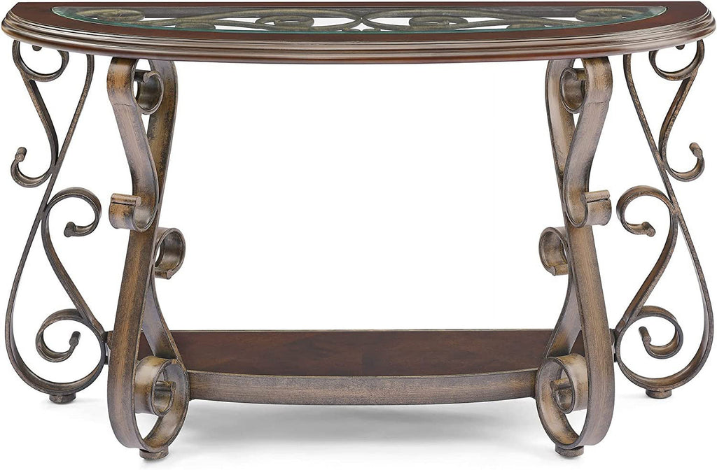 Half Sofa Table with Beveled Glass Top and Scrollwork Metal Legs E139