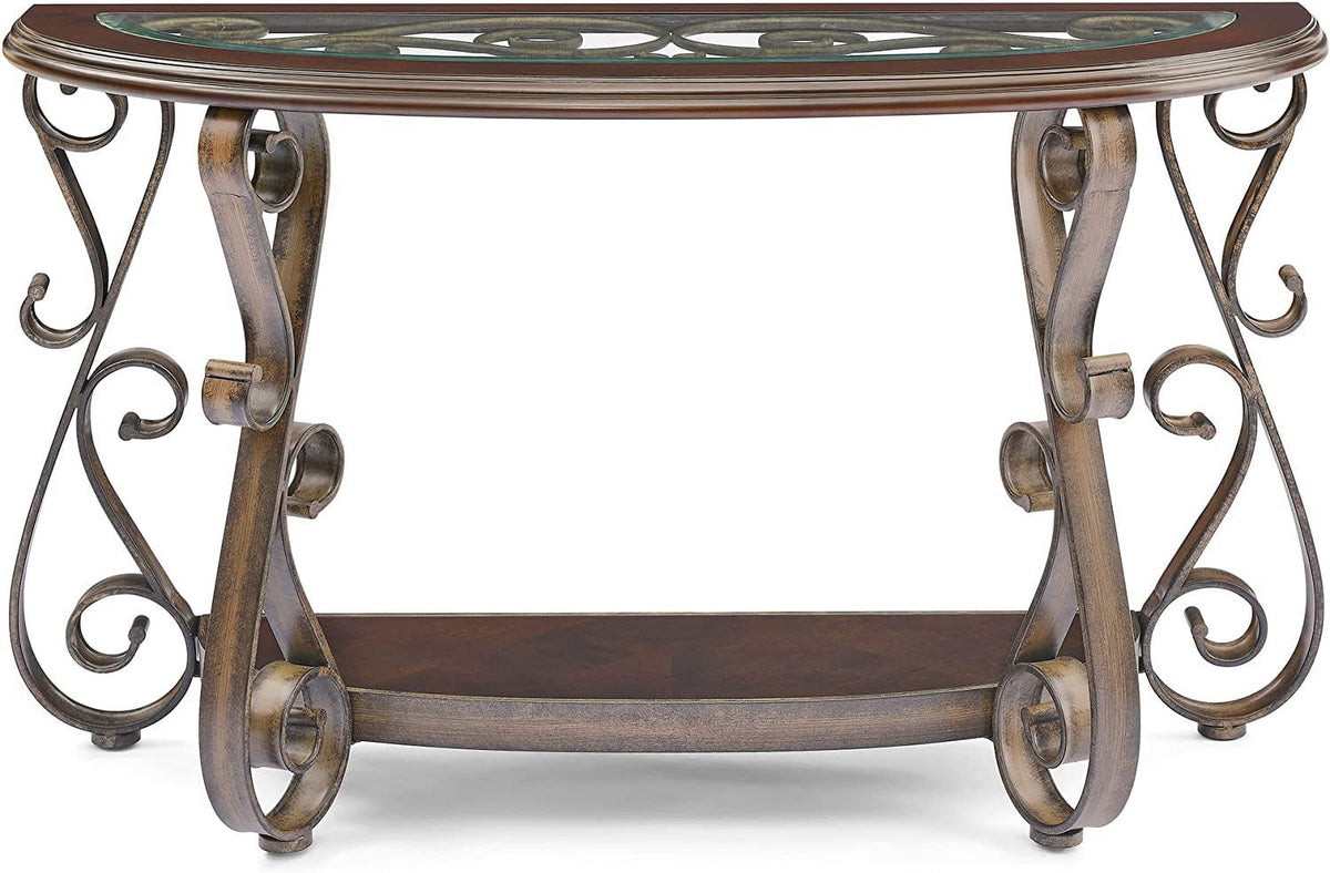 Half Sofa Table with Beveled Glass Top and Scrollwork Metal Legs E139