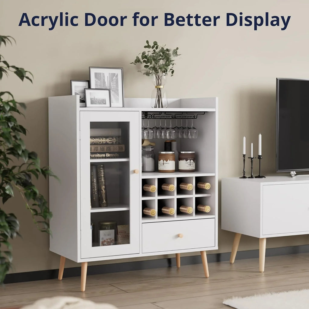 White Coffee Bar Cabinet with Storage, Mid-Century Modern Buffet Sideboard with Removable Wine Rack, Acrylic Door P7292
