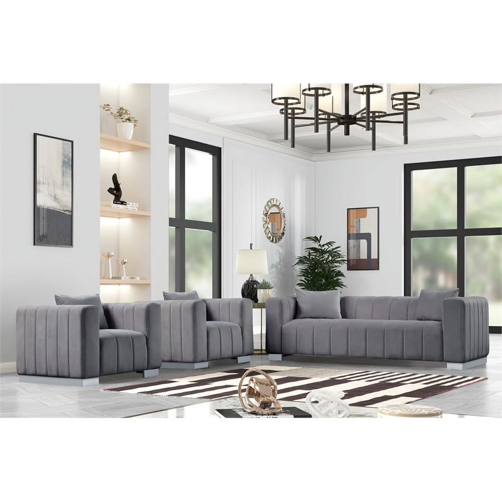 Gray Velvet Fabric Sofa and 2 Armchairs Set C9947